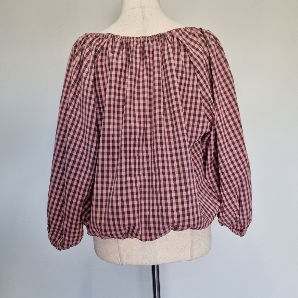 Ebby and I Pink & Brown Gingham Oversize Balloon Sleeve Top Size 10 - Picture 4 of 7